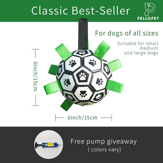 Gift for Pets,Dog soccer toy football strap Football&Inflator 2pcs set, suitable for tug of war, puppy birthday gift, dog drag toy, dog water toy. Made of advanced PU material, it can kick and bounce.
